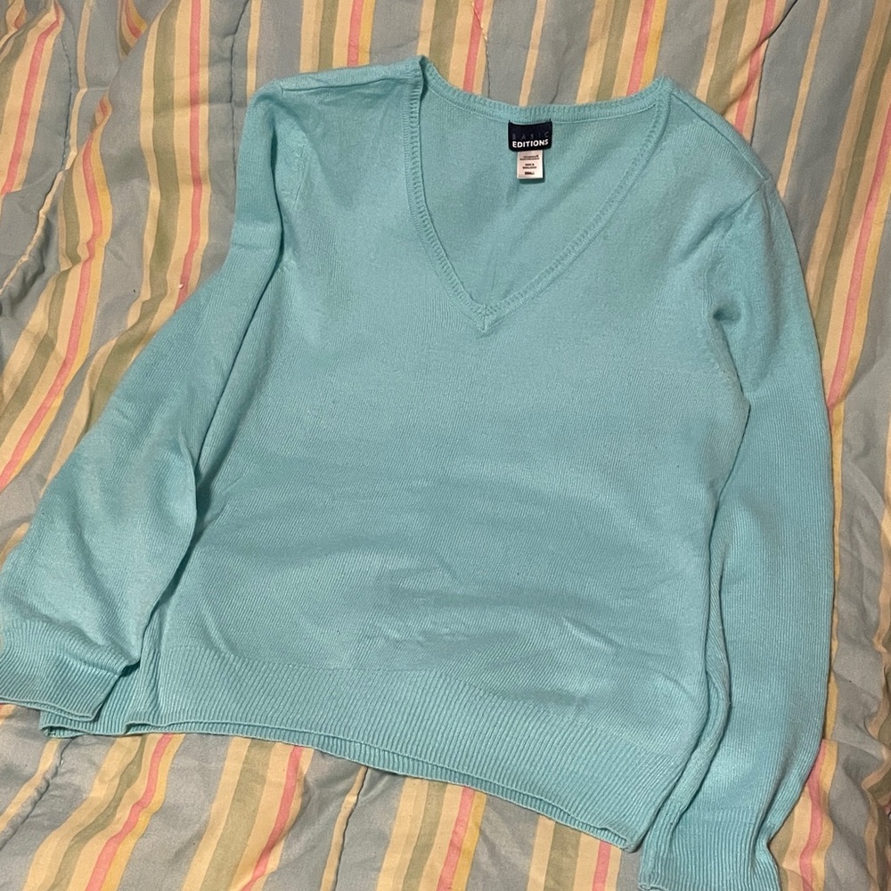 Basic Editions Women's Soft Aqua V-Neck Sweater